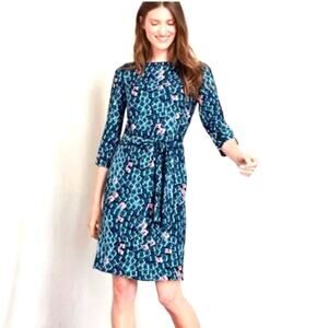 Boden Pink Blue Kelly Jersey Tie Waist Floral Back Zip Knee Length Dress Size 8R